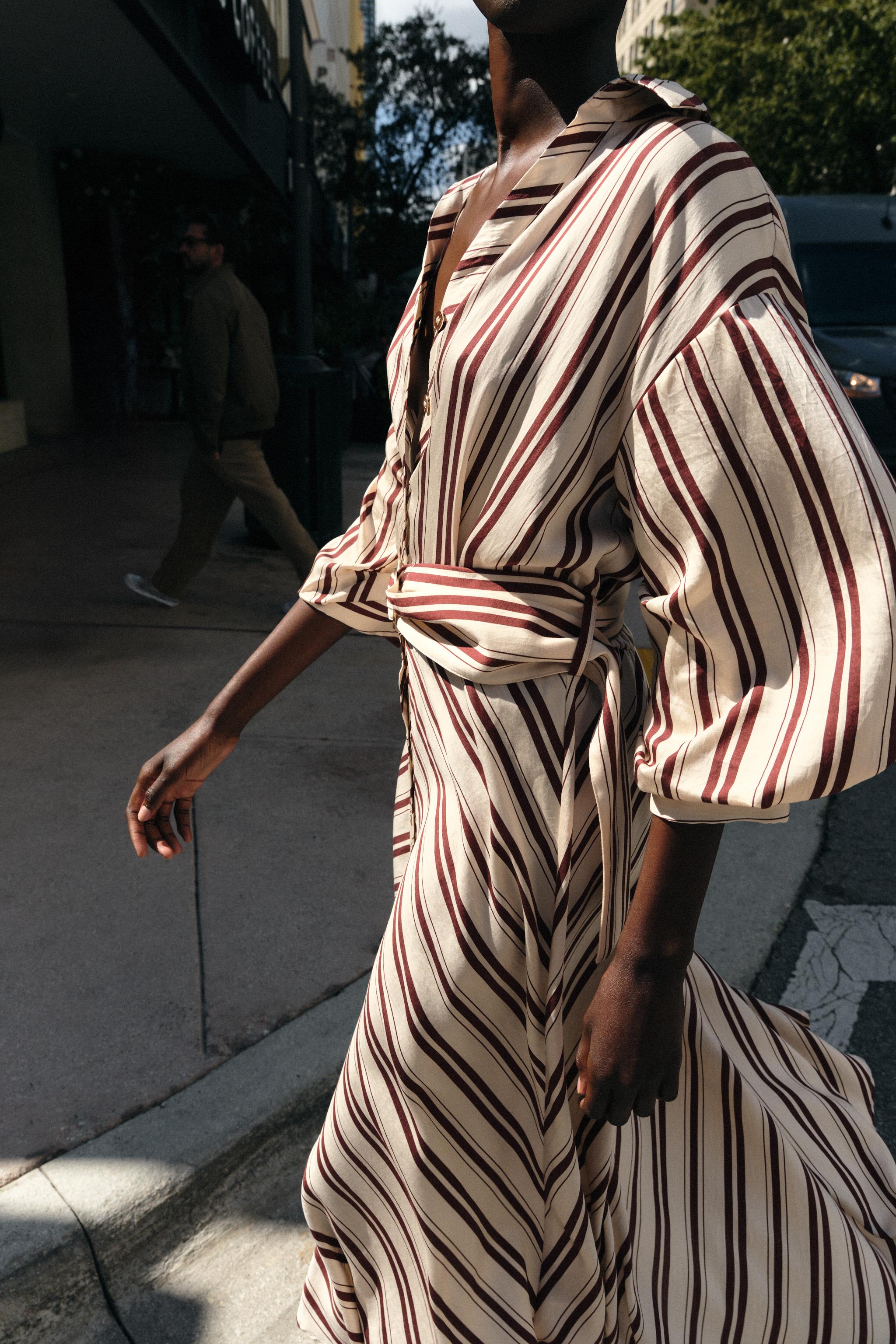 STRIPED BELTED MIDI DRESS